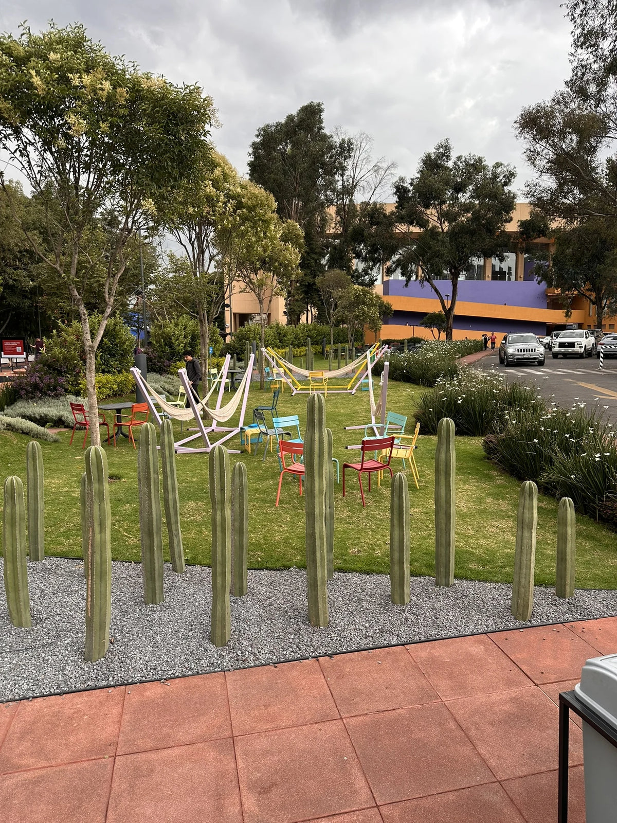 A campus garden with trees, paths and colourful hammocks in the background.