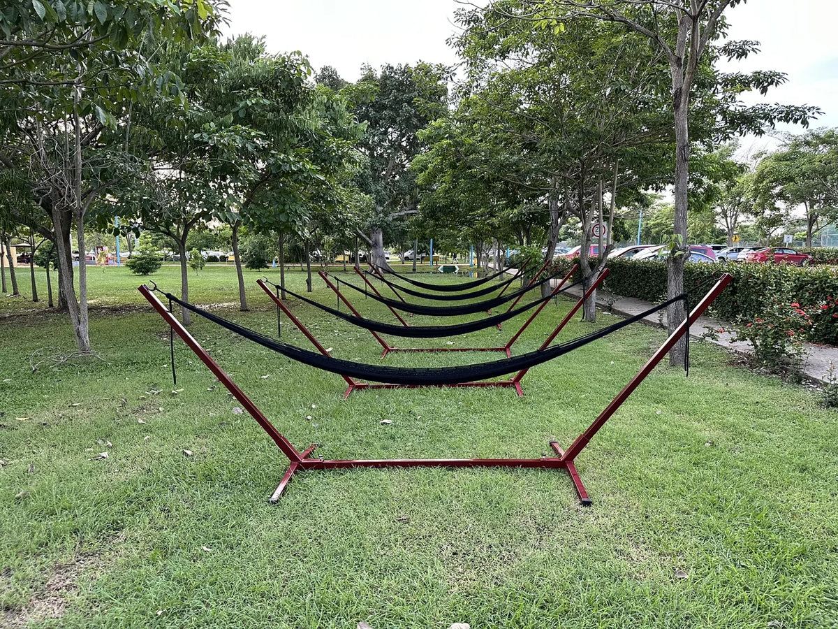 A row of dark hammocks on individual stands, arranged on a lawn beneath the trees.